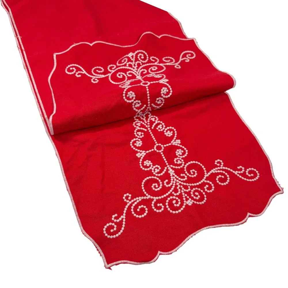 70x13 Red Table Runner White Scalloped Embroidered Scrollwork Holiday Folk Art